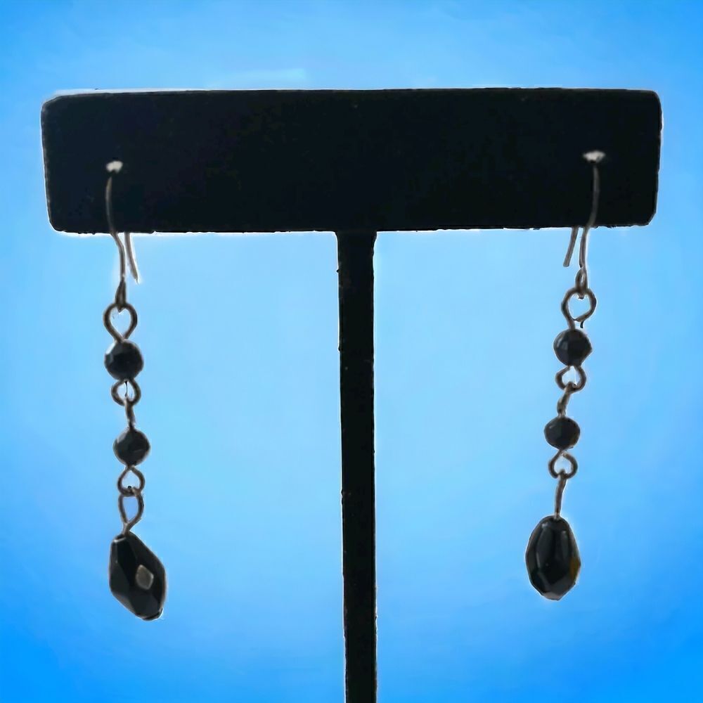 Hand Beaded Dangle Earrings Black Glass Beads Hand Made Bohemian Boho Chic Gypsy